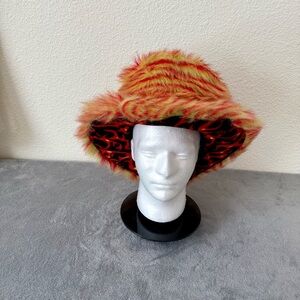 Vintage 90s / Y2K era Red & Yellow  Fuzzy Furry  Flame Print Bucket Hat